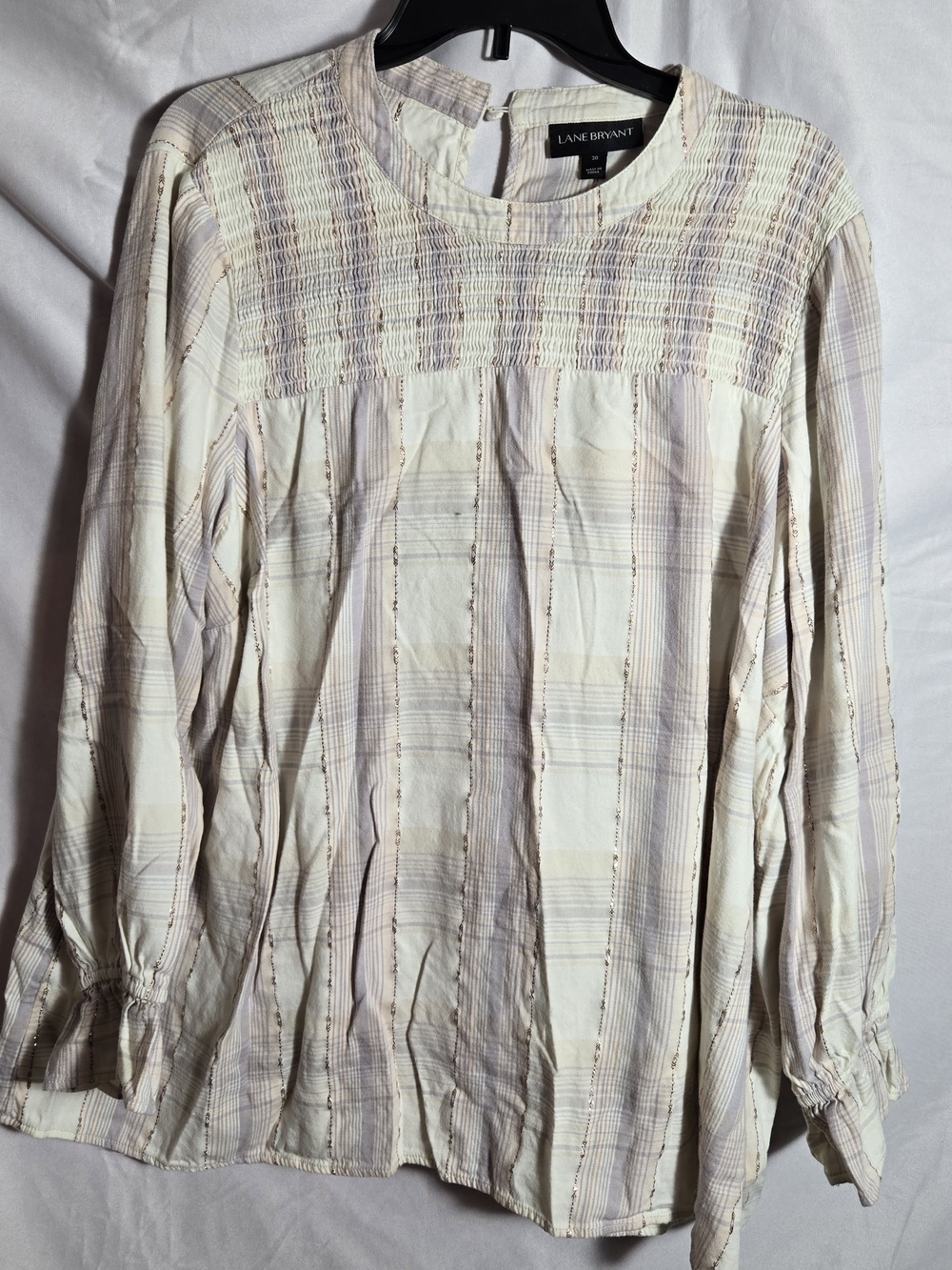 Lane Bryant Cream Plaid Smocked Yoke Long-Sleeve Top